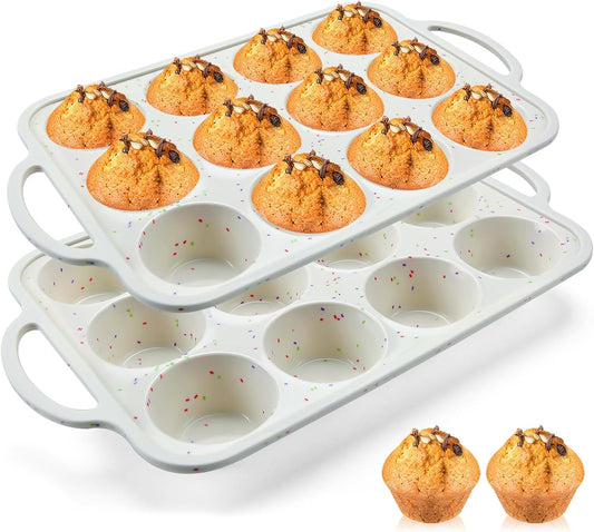 2Pack Silicone Muffin Pan for Baking with Metal Reinforced Frame, 12 Cup Regular Size Cupcake Pan, BPA Free Silicone Muffin Tray, Cupcake Baking Pan Molds for Oven Dishwasher Safe