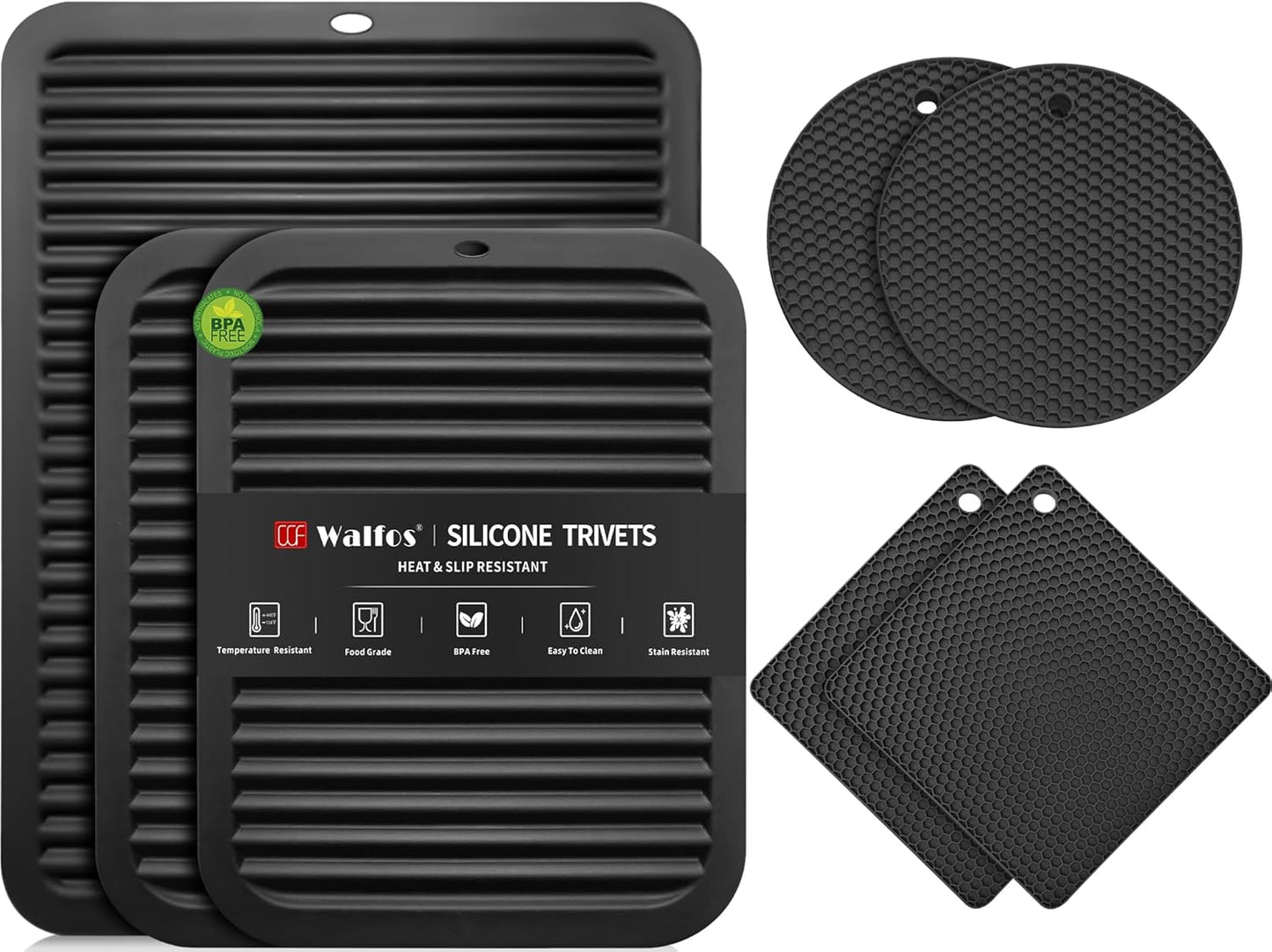 Walfos XXL Silicone Trivet 16" and Large 12" and Round & Square 7", Trivets for Hot Pots and Pans, Heat Resistant Pot Holders Hot Pads for Quartz Countertops, 7 Pack