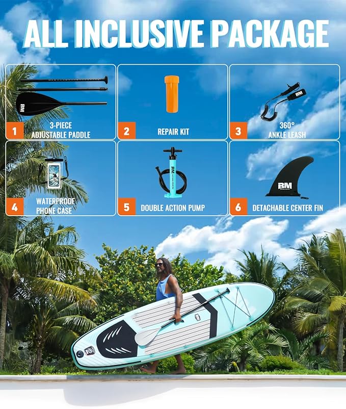 BM Paddle Board Inflatable Stand Up Paddle Board, SUP Paddleboard for Adult, Premium Accessories | Non-Slip EVA Deck & Foam Handles, Camera Mount, Double Action Pump, 85L Travel Backpack