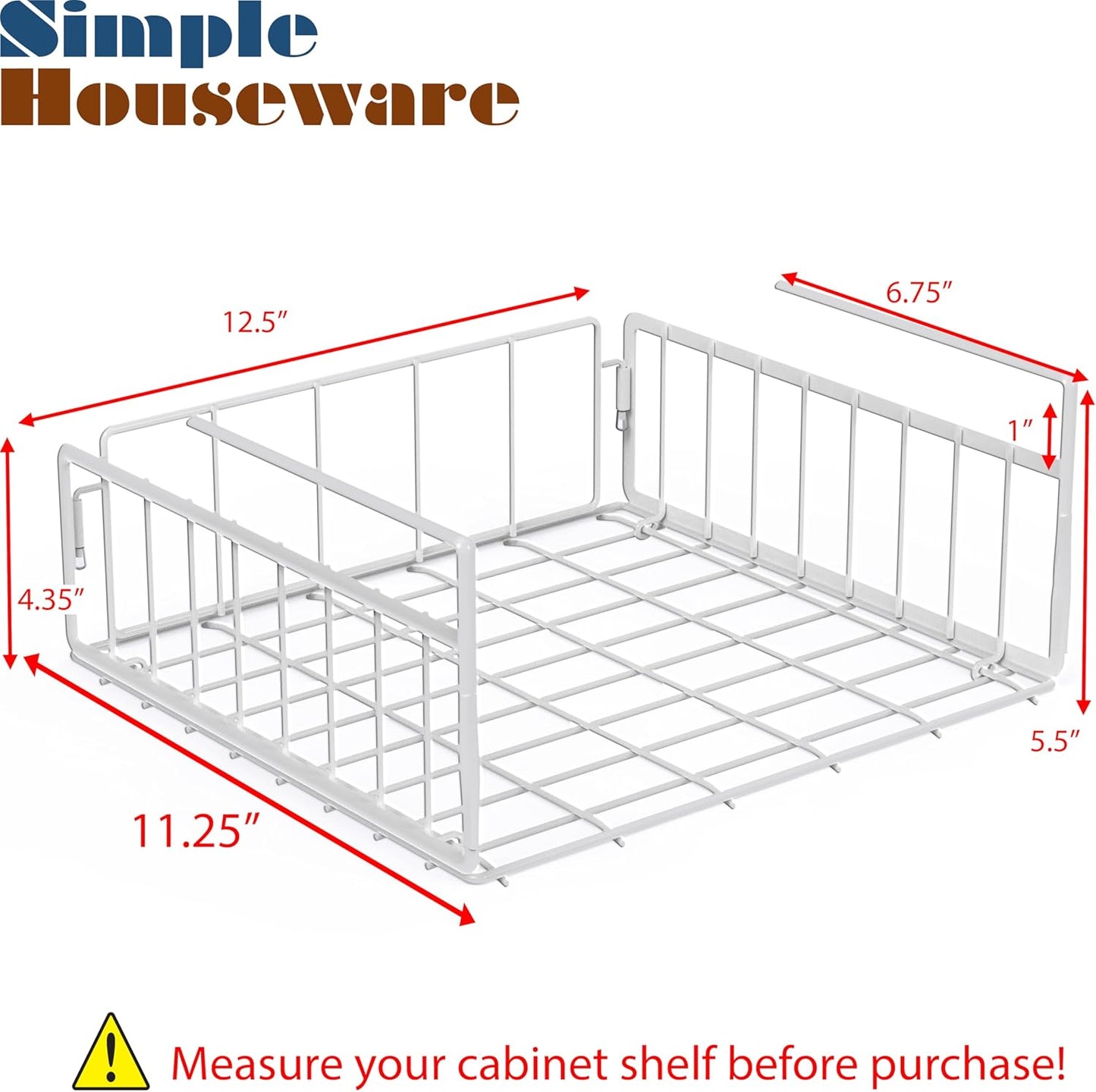 Simple Houseware Under Shelf Basket, White – 2-Pack Space-Saving Storage Organizer for Kitchen, Pantry, Closet, Office – Wire Metal Shelf Organizer, No Tools Required