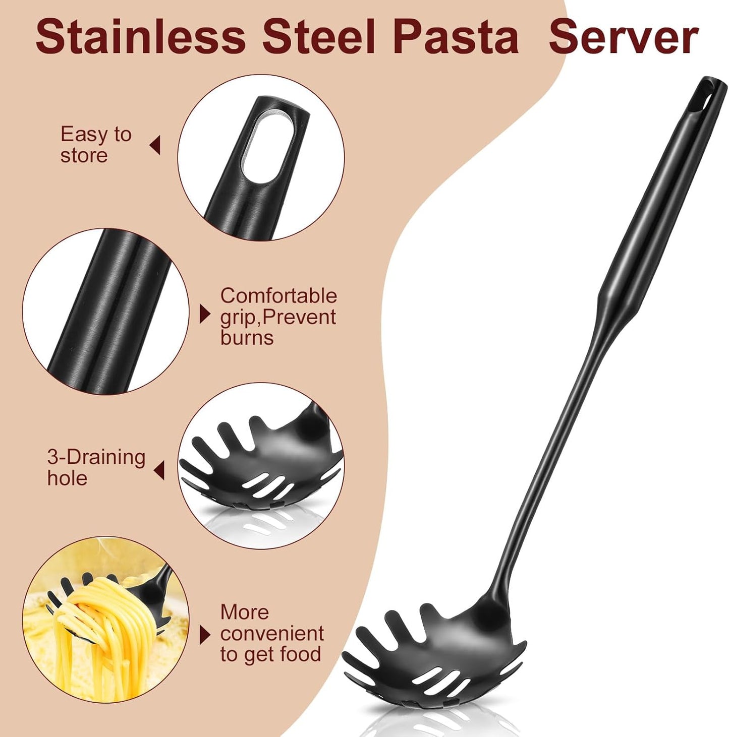 Patelai 2 Pcs Stainless Steel Pasta Spoon with Teeth Large Spaghetti Utensil, 9.4'' Tong and 13.6'' Pasta Fork with Vacuum Handle, Comfortable Grip Design Spoons for Kitchen(Black)