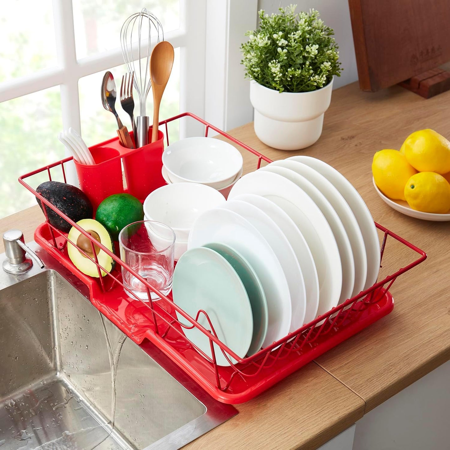 Sweet Home Collection Space-Saving 3-Piece Dish Drainer Rack Set Efficient Kitchen Organizer for Quick Drying and Storage Includes Cutlery Holder and Drainboard Maximize Countertop Space, Bright Red