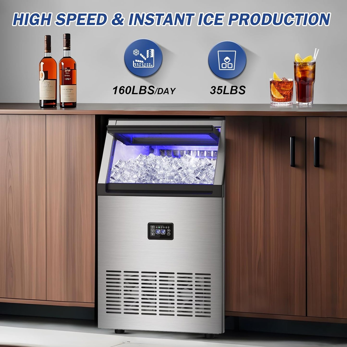 160LBS/24H High Output - Commercial Ice Maker Machine - 55 Clear Ice Cubes/Round (11-20 Mins), 35LBS Storage, Stainless Steel Undercounter/Freestanding for Home/Bar/Outdoor
