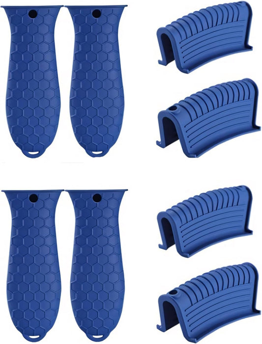 8 Pieces Silicone Hot Tool Holder Heat Resistant Potholder Cookware Handle Non Slip Rubber Pot Holders Handles Grip Covers for Cast Iron Skillet Silicone Cooking Kitchen Suits (Blue)