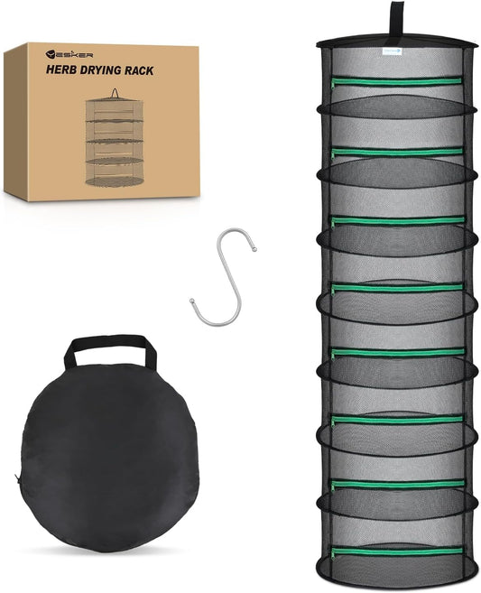 Yesker 8 Layer Herb Drying Rack Hanging Mesh Net Foldable Plant Drying Racks 24" Diameter with Green Zipper & Hook Dryer Hanging Rack for Herbs Seed Bud Fruit Clothes Grow Tent Closets Garden Outdoor