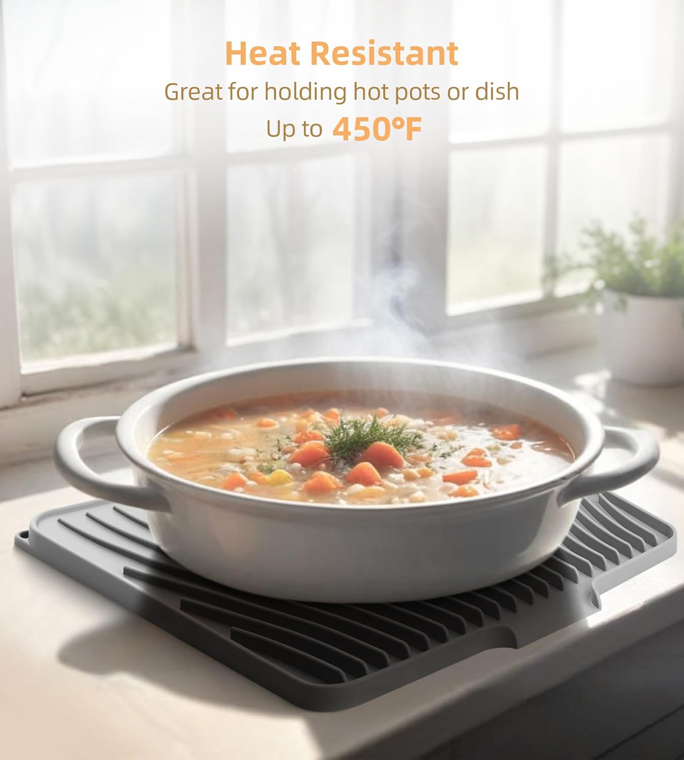 Fuyit Silicone Dish Drying Mat with Raised Drain Lip, Inclined Design, 16" x 13" Heat Resistant Non-Slip Mat for Kitchen Counter or Sink (Gray）