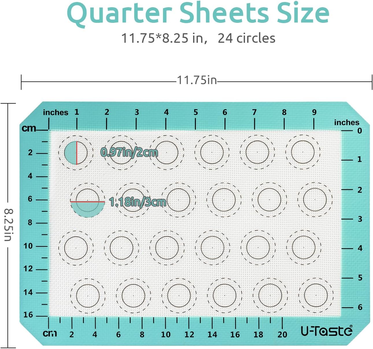 446ºF Heat Resistant Macaron Mat: U-Taste 11.75x8.25in Non Stick Silicone Baking Mat, Reusable Cookies Pastry Sheet Liner with Edge Enhancement & Circle Measurement for Cake Pan (Aqua Sky)