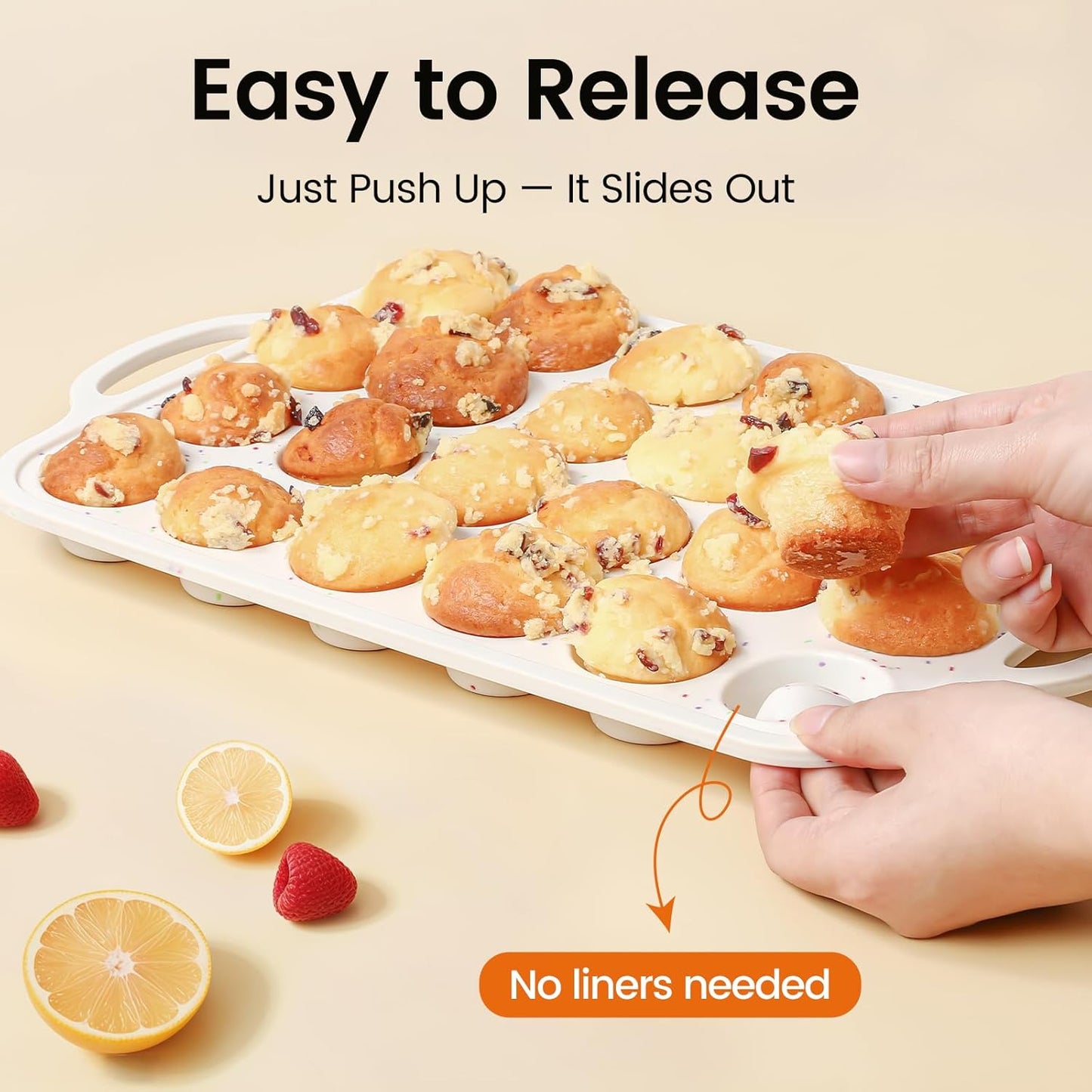 Silicone Mini Muffin Pan With Metal Reinforced Frame - 24 Cups Durable Silicone Cupcake Pan for Muffin, Cupcakes, BPA Free and Dishwasher Safe - 1 Piece Beige with Rainbow Spots