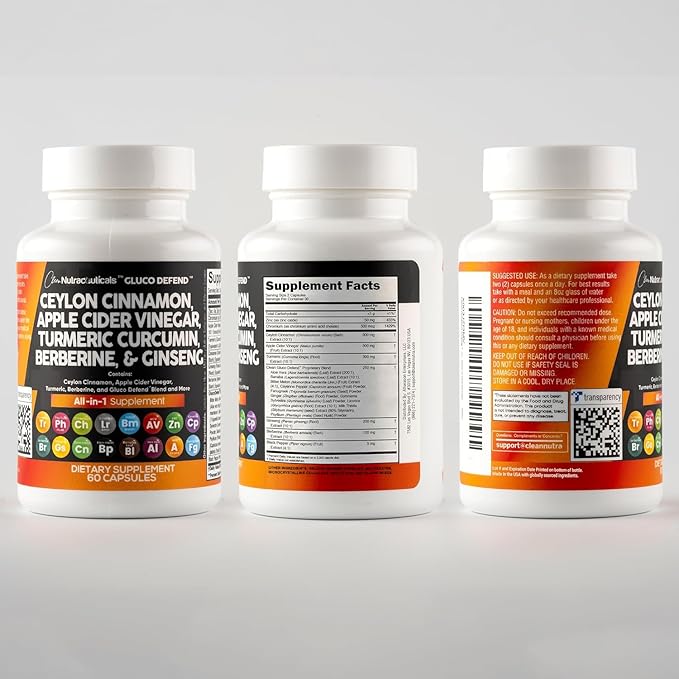 Clean Nutraceuticals Ceylon Cinnamon Turmeric Apple Cider Vinegar Ginseng Berberine Plus Bitter Melon Gymnema Milk Thistle Fenugreek
