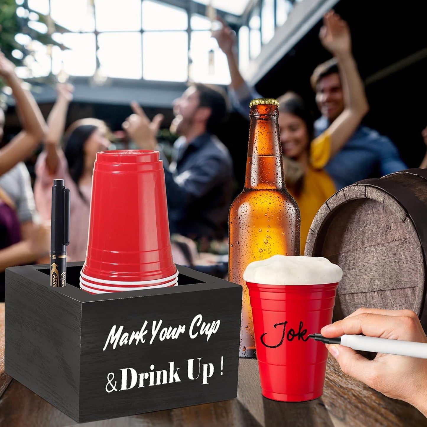 Wooden Party Cup Holder - With Marker Slot, Rustic Disposable Cup Holder for Bar, Kitchen, Countertop, Home & Office, Black