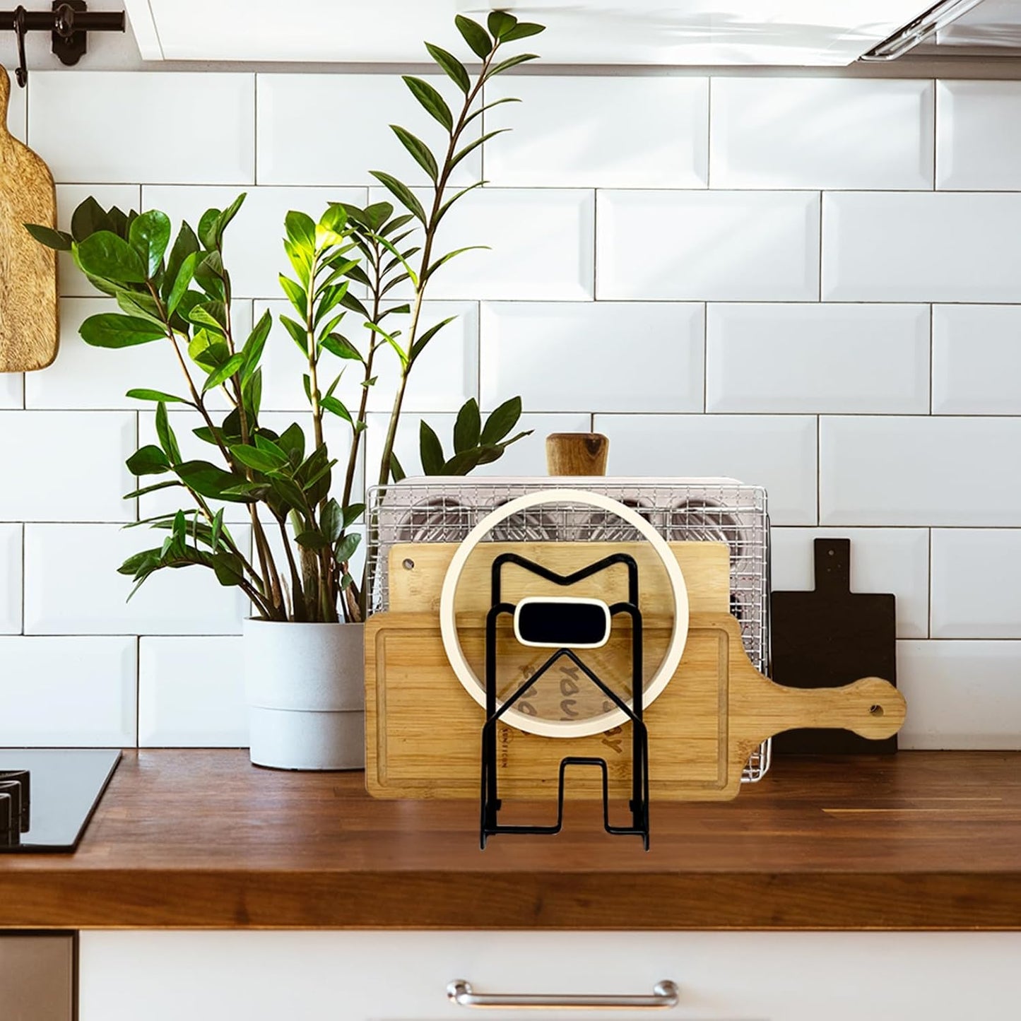 SUNFICON Cutting Board Rack Chopping Board Organizer Stand Holder Kitchen Countertop Pots Pan Lids Rack Organizer Flat Steel 4.92 x 5.7 x 8.47 in. Black