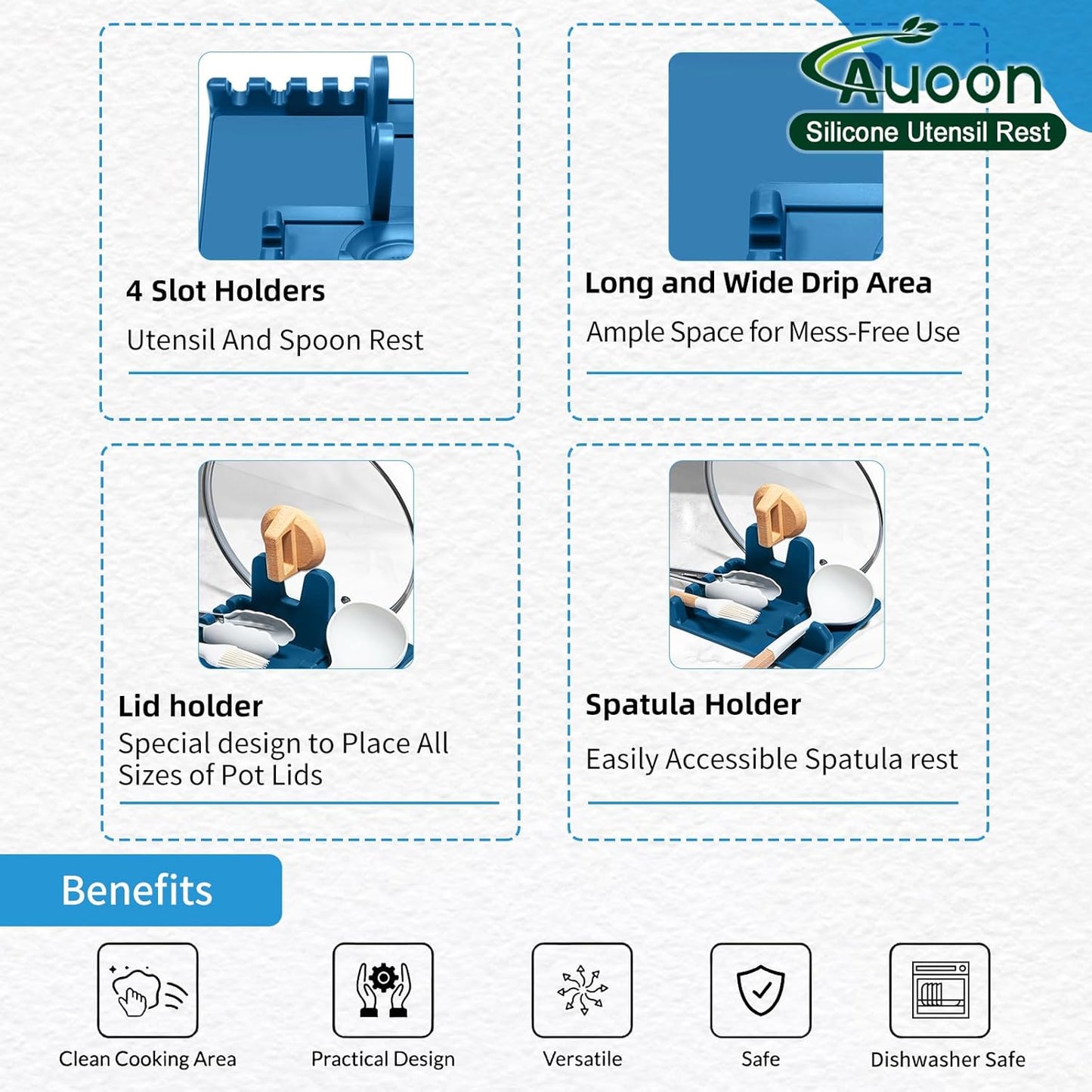 AUOON Spoon Rest for Stove Top - Silicone Utensil Rest with Drip Pad for Kitchen Counter | Practical Kitchen Gadgets for Cooking | Dishwasher Safe (Fog Blue, Large)