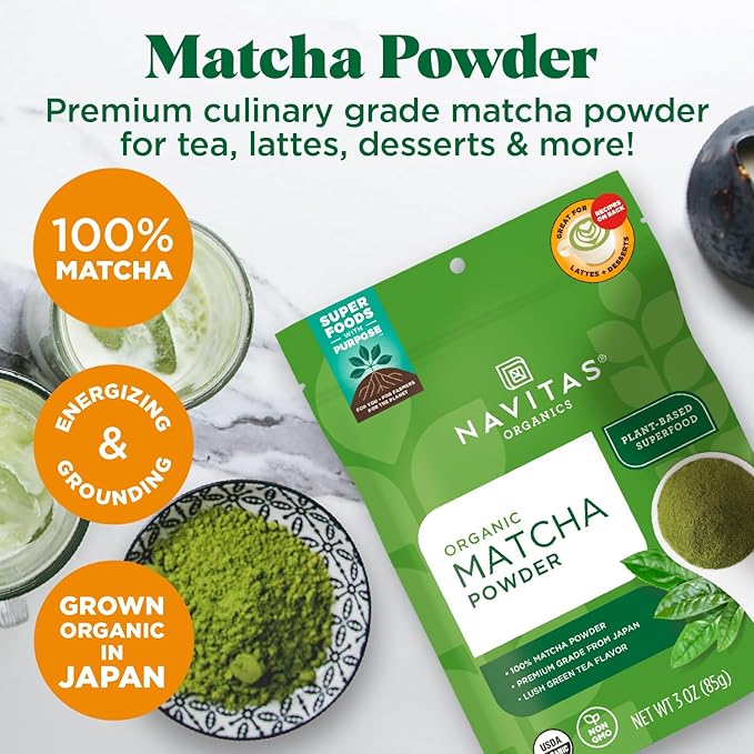 Navitas Organics Matcha Powder – For Tea, Lattes, Smoothies, Desserts & More – Energy & Antioxidants – Premium Culinary Grade – USDA Organic, Non GMO, Gluten Free, Kosher, Vegan (3oz. Bag 85 Servings)