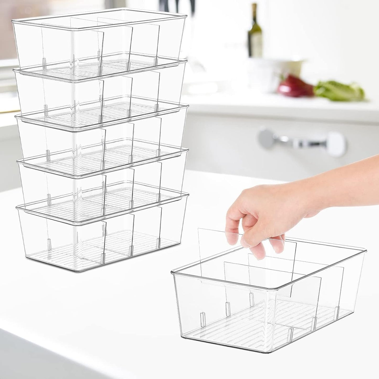 wilfox Pantry Organizer, 7 Pack Clear Organizer Bins with Removable Dividers, Pantry Organizers and Storage, Fridge Organizer and Cabinet Organizer for Snack, Pouches, Spice Packets