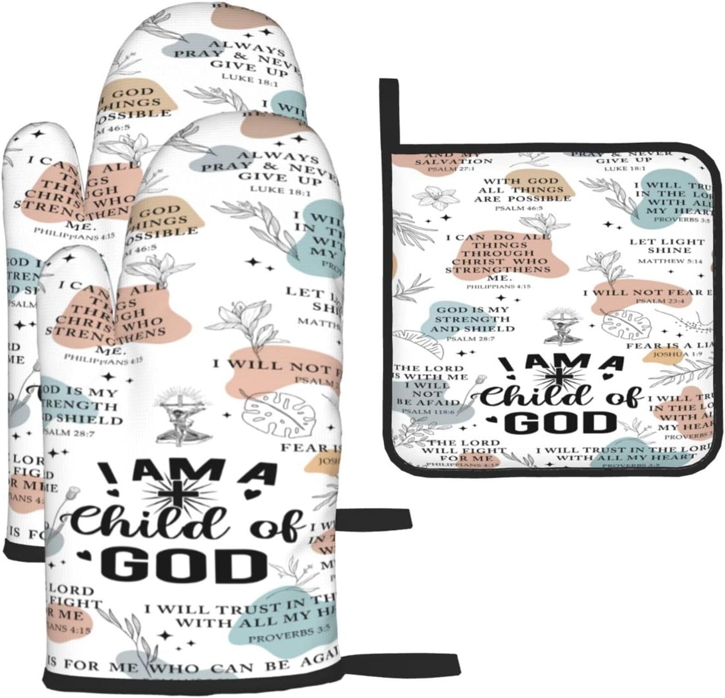 Christian Oven Mitts and Pot Holders Sets of 3, Heat Resistant Godmother Kitchen Gloves Hot Pads, Kitchen Cooking Baking Gifts for Women Cooks Bakers,Christian Gifts for Women Cooking Lover