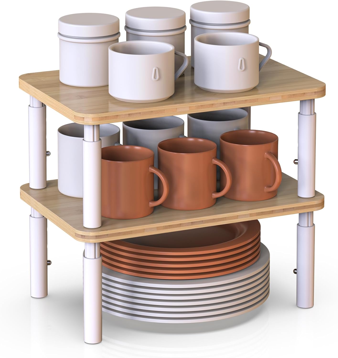 Cabinet Organizer Shelf, Spice Rack Set of 2 Kitchen Pantry Cupboard Shelves, Stackable, Height Adjustable, Natural Bamboo (11.7" Wx77.Dx6.57 H per Pack)