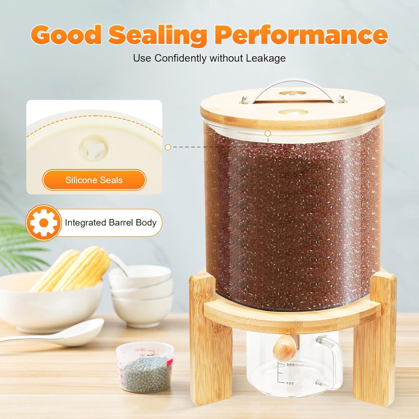 Flour and Cereal Container, Rice Dispenser, Creative Glass Food Storge Container for Kitchen Organization and Pantry Store, Airtight Lid and Wooden Stand (7.5L)