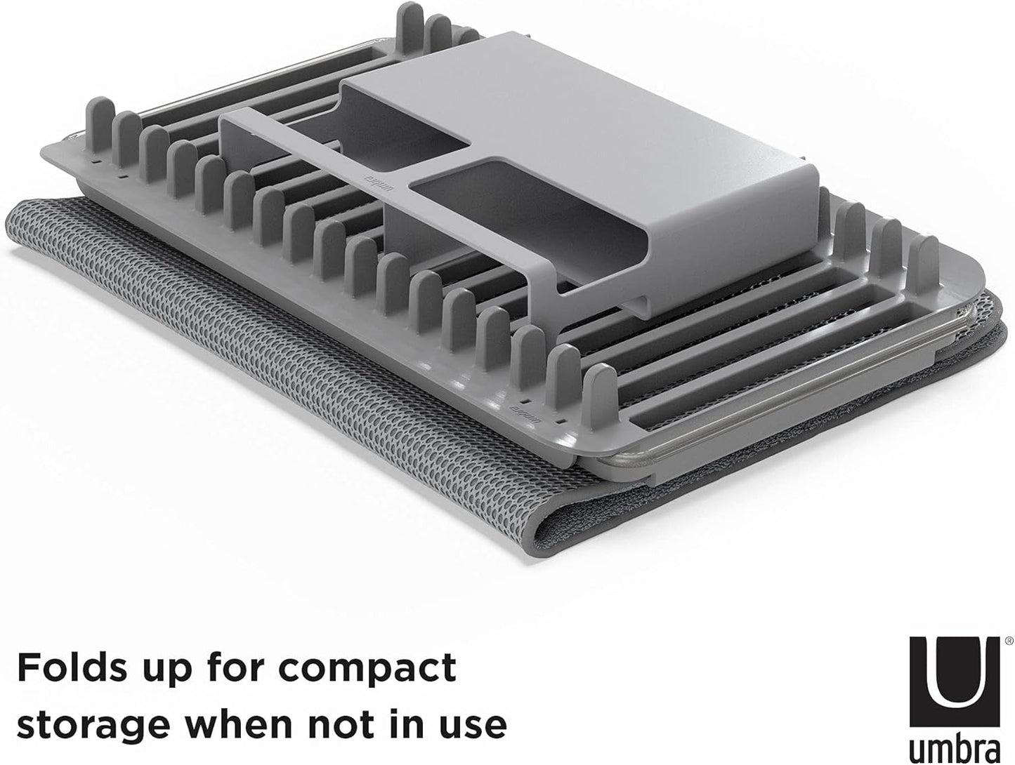 Umbra Udry Rack and Microfiber Dish Drying Mat-Space-Saving Lightweight Design Folds Up for Easy Storage, Over The Sink, Charcoal