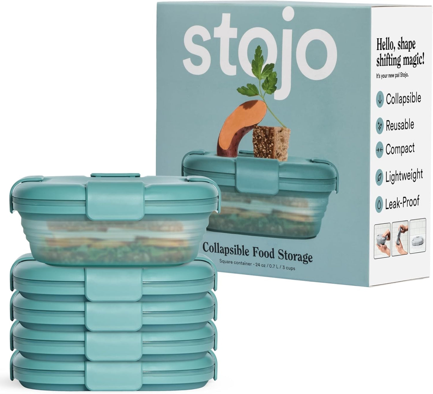 STOJO Collapsible Sandwich Box – 24oz, Reusable Food Storage Container, Silicone Bowl for Hot/Cold Food – Meal Prep, Lunch, Camping, Hiking – Dishwasher Safe (Set of 5, Translucent Eucalyptus)
