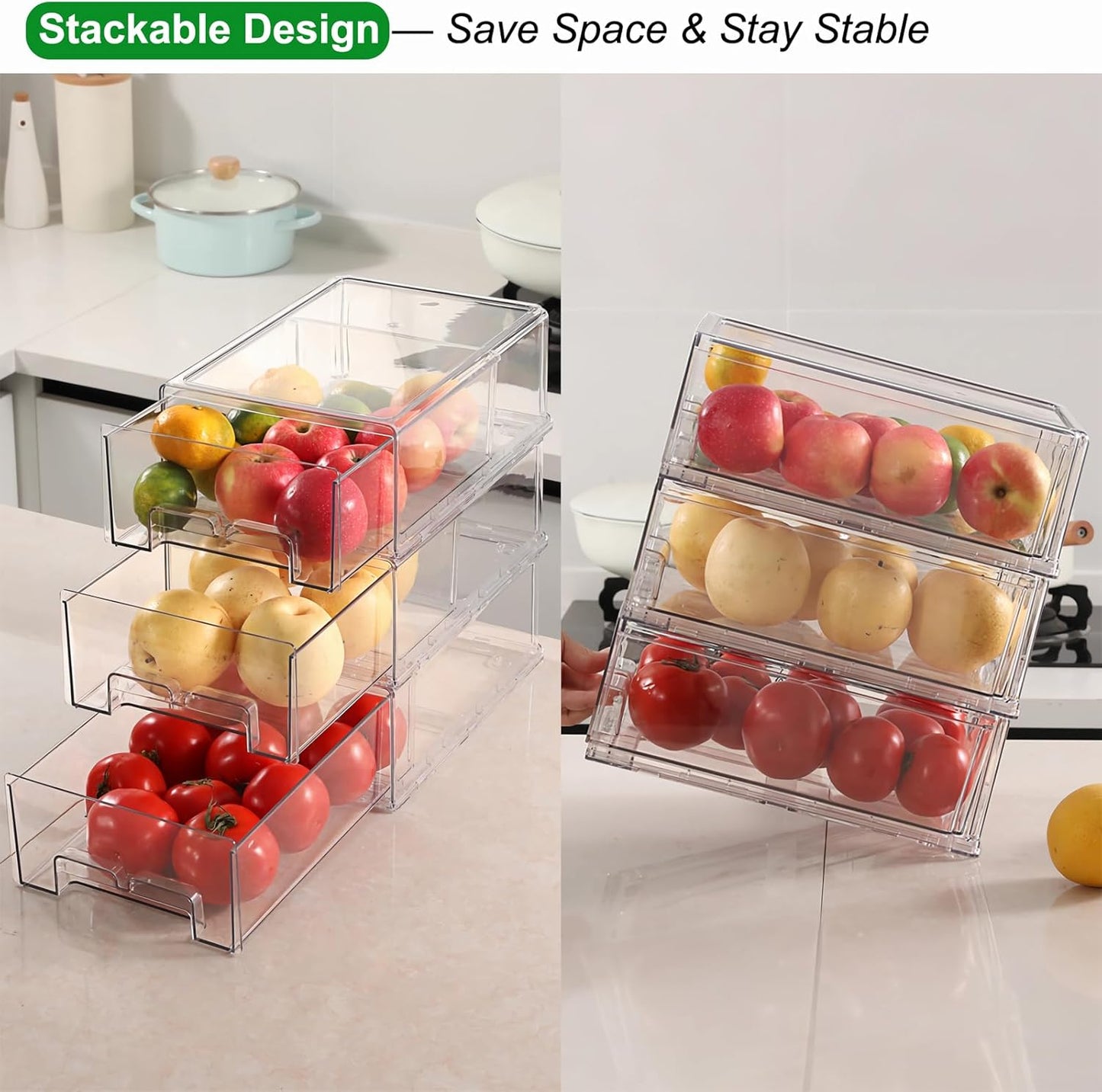 Taiuloo 2 Pack Stackable Refrigerator Organizer Bins with Pull-Out Drawer, Clear BPA-Free Food Storage Containers for Fridge Freezer, Kitchen Pantry Cabinet & Bathroom Vanity Organization