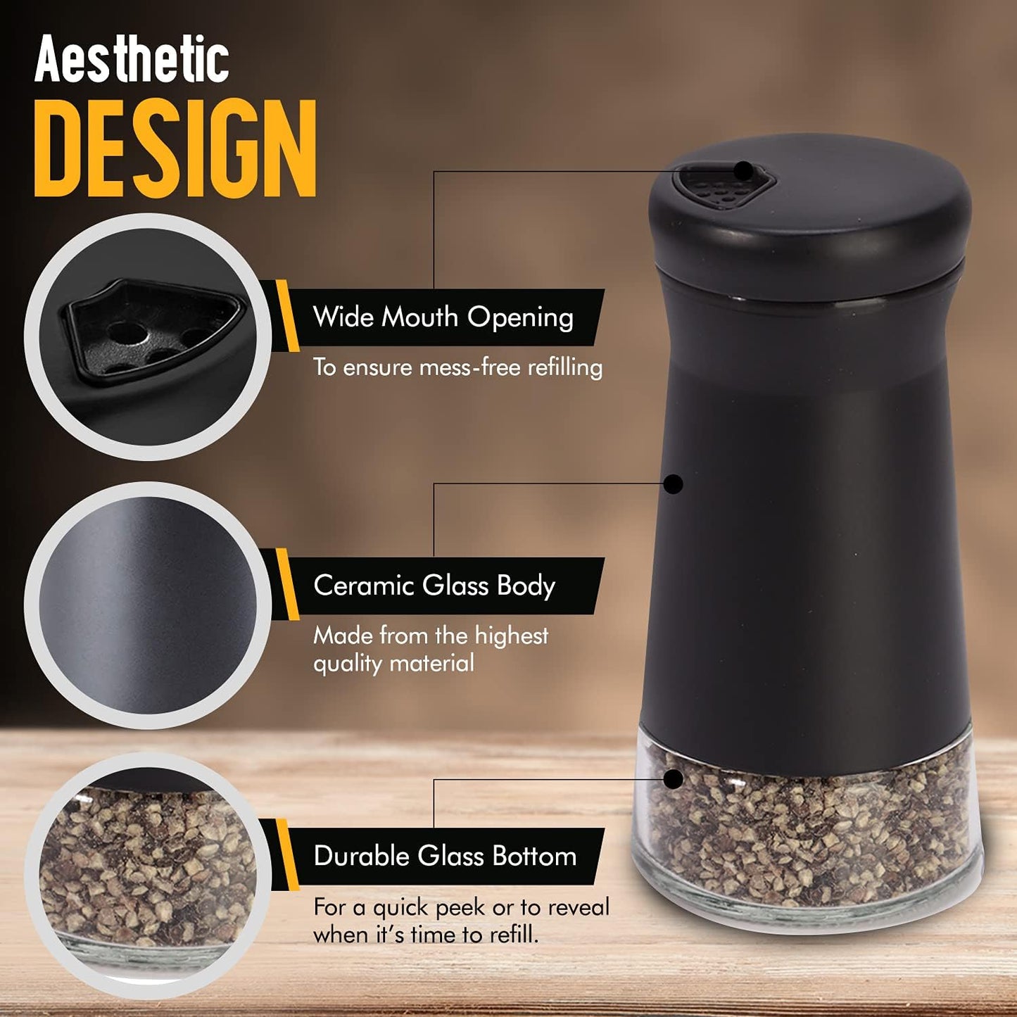 The Original Salt and Pepper Shakers set - Black -Spice Dispenser with Adjustable Pour Holes - Stainless Steel & Glass - Set of 2 Bottles