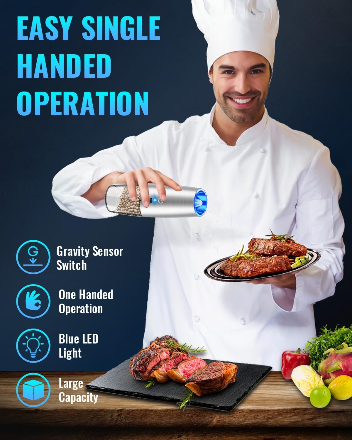 Rechargeable Electric Pepper and Salt Grinder Set, No Battery Needed, whit Gravity Sensing Switch and LED Light, One Hand Automatic Operation, Sliver, 2 Pack