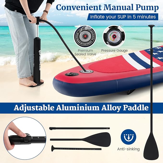 GYMAX Stand Up Paddle Board, Inflatable SUP with Wide Non-Slip EVA Deck, Accessories-Leash, D Rings, Hand Pump, Adjustable Paddle & Backpack, Paddle Boards for Adults Youth