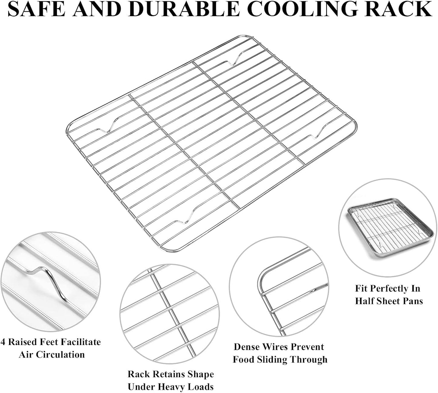 Deedro Baking Sheet with Rack Set [2 Sheets + 2 Racks], Stainless Steel Cookie Half Sheets Baking Pan Oven Tray with Cooling Rack, 10 x 8 x 1 Inch, Heavy Duty, Non-toxic, Easy Clean