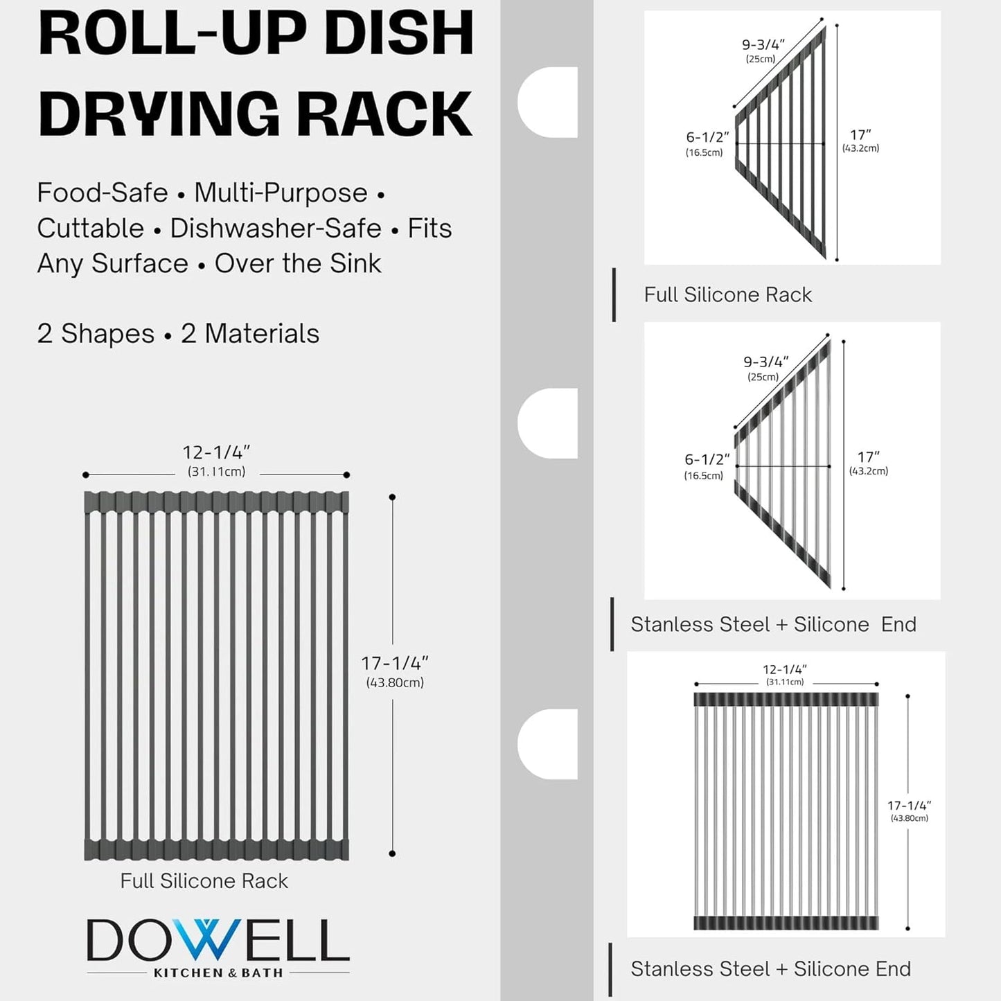 Dowell Over The Sink Roll-Up Dish Drying Rack, Foldable Tube Design, Space Saving Sink Organizer, Sturdy, Easy to Clean, Stylish Look - Triangle+Rectangular - Full Silicone