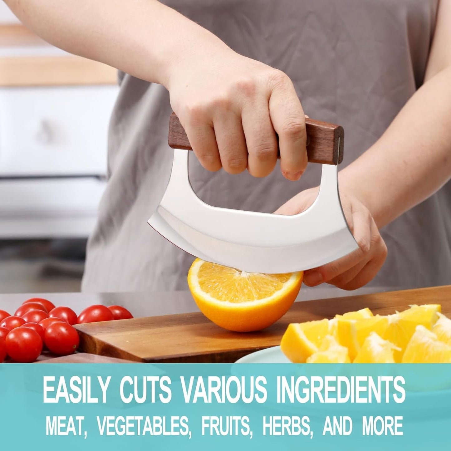 Ulu Knife - Sharp Rocker Mezzaluna Knife with Stand for Cutter Pizza, Meat, Vegetables, Herbs, Salad