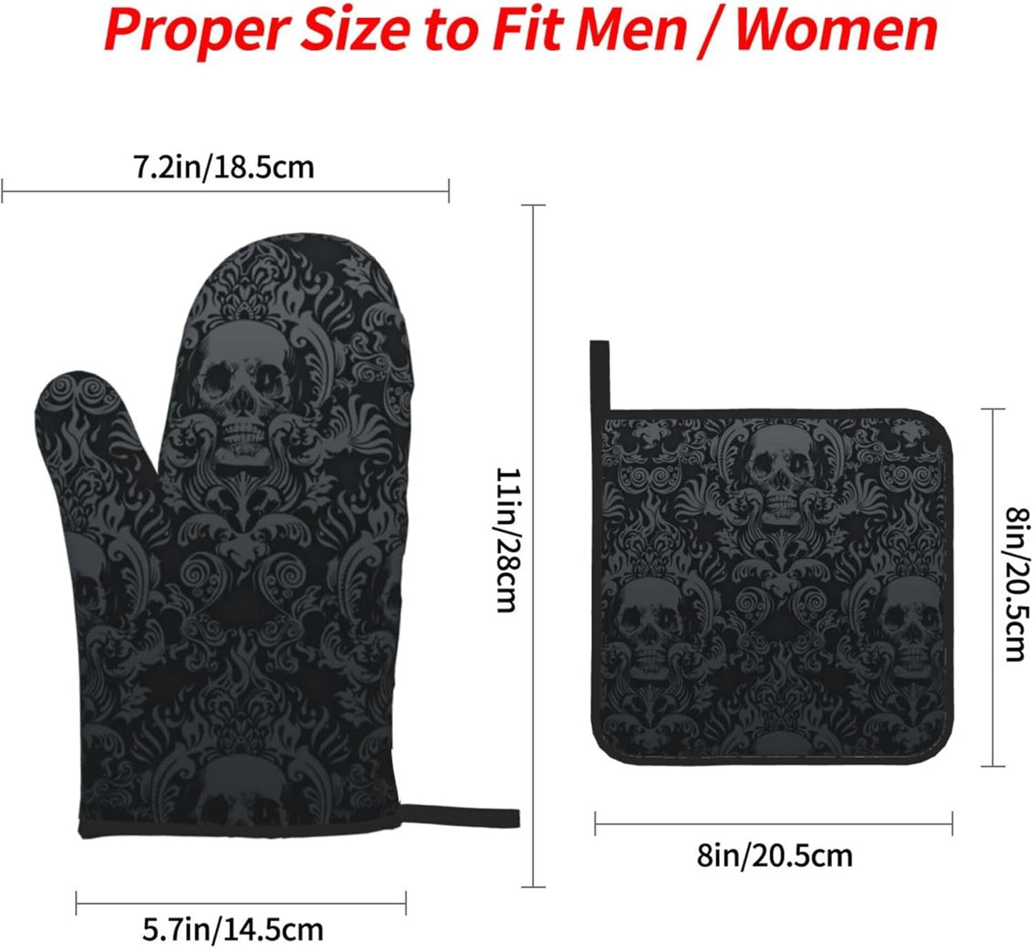 Victorian Gothic Black Skull Damask Oven Mitts and Pot Holders Sets of 4,Resistant Hot Pads with Polyester Non-Slip BBQ Gloves for Kitchen,Cooking,Baking,Grilling