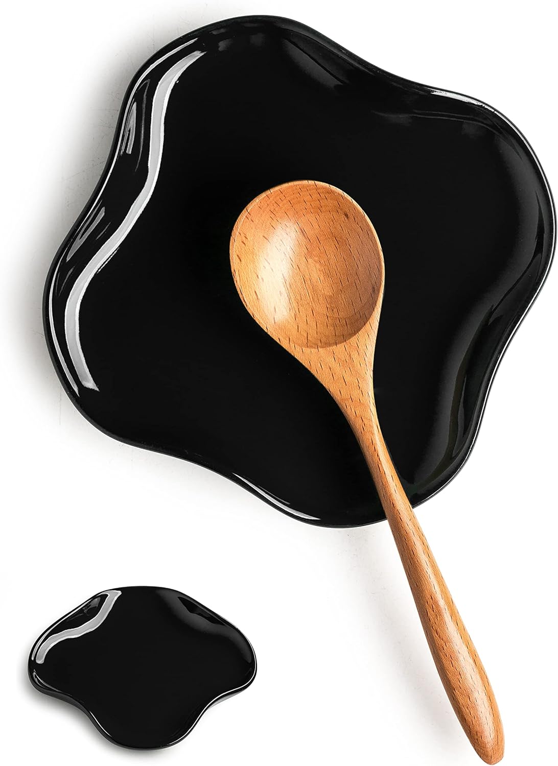 Spoon Holder, Porcelain Spoon Rest with Deep Drip Tray for Kitchen Counter, for Multiple Utensils, Heat-Resistant, Cute Spoon Rest for Spoons, Ladles, Tongs and etc, Black, Ruffled Edge,5.12"