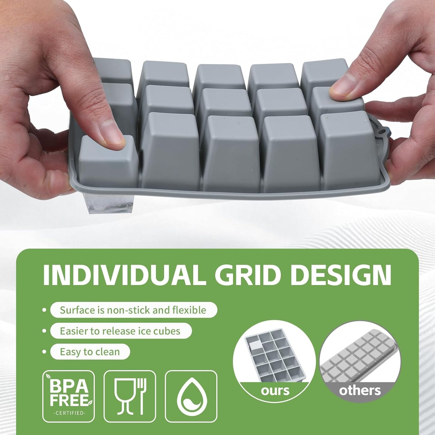 Silicone Ice Cube Tray, 2 Pack Easy-Release Stackable Ice Trays for Freezer with Lid 15 Reusable Cubes, Food Grade BPA Free Ice Molds for Whiskey, Baby Food, Coffee, Cocktail, Drinks (Grey)