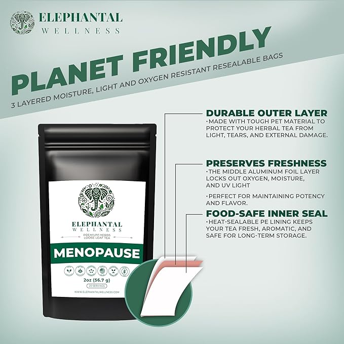 Elephantal Wellness Premium Menopause Herbal Tea | Hormonal Balance & Hot Flash Support with Chaste Berry, Red Clover, Black Cohosh & Valerian | Handmade, Caffeine-Free, Non-GMO Loose Leaf Blend | 2oz, 20 Servings