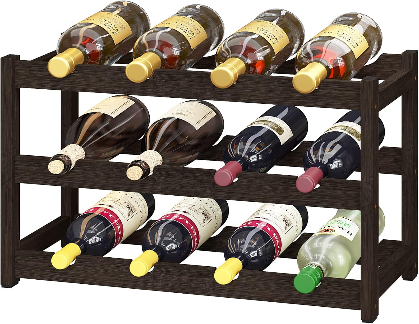 BAMEOS Bamboo Wine Rack Storage, 3 Tier Wine Racks Countertop, Wine Rack Freestanding Floor Wine Holder Cabinet for Kitchen, Bar, Pantry, Wine Cellar, Basement,Study (16.85 L x 9.25W x 12H)