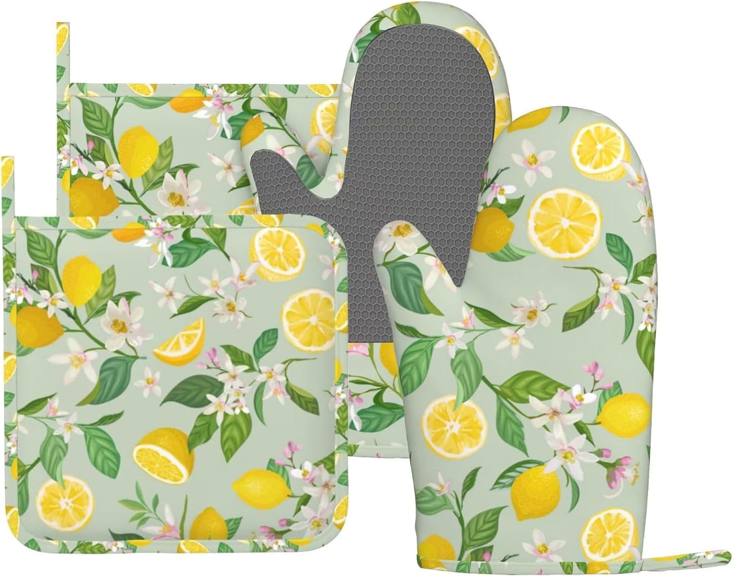 Lemon Oven Mitts Pot Holders Set Silicone Lemon Paper Yellow Citrus Fruit Lemons Kitchen Oven Mitts Heat Resistant Potholders Non-Slip 4pcs Hot Pads and Oven Gloves Sets for Baking,Grilling