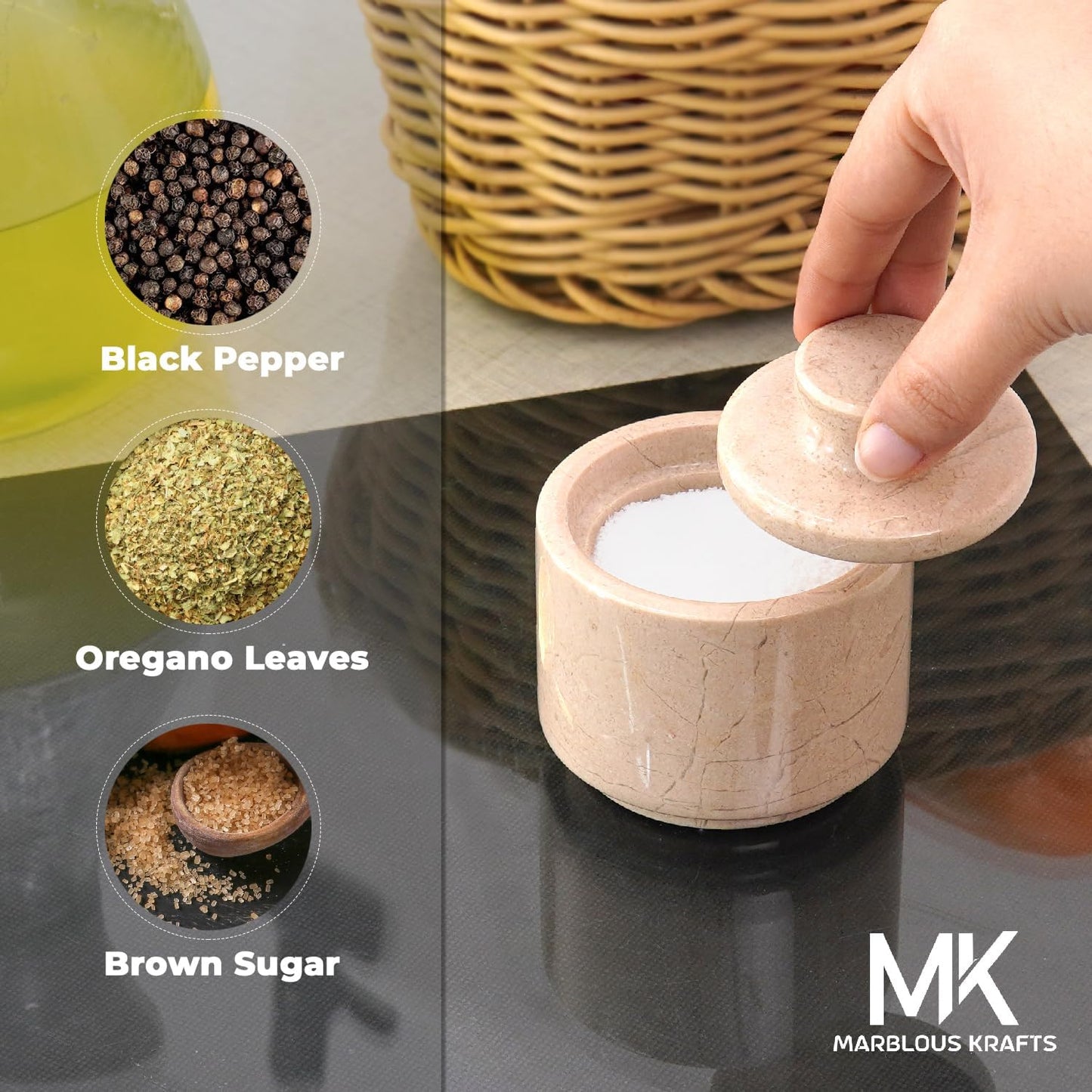 MARBLOUS KRAFTS Marble Salt Cellar with Lid 3" Inch Verona Salt Box, Seasoning Container & Spice Jars, Stone Salt Holder for Counter, Spice Jar