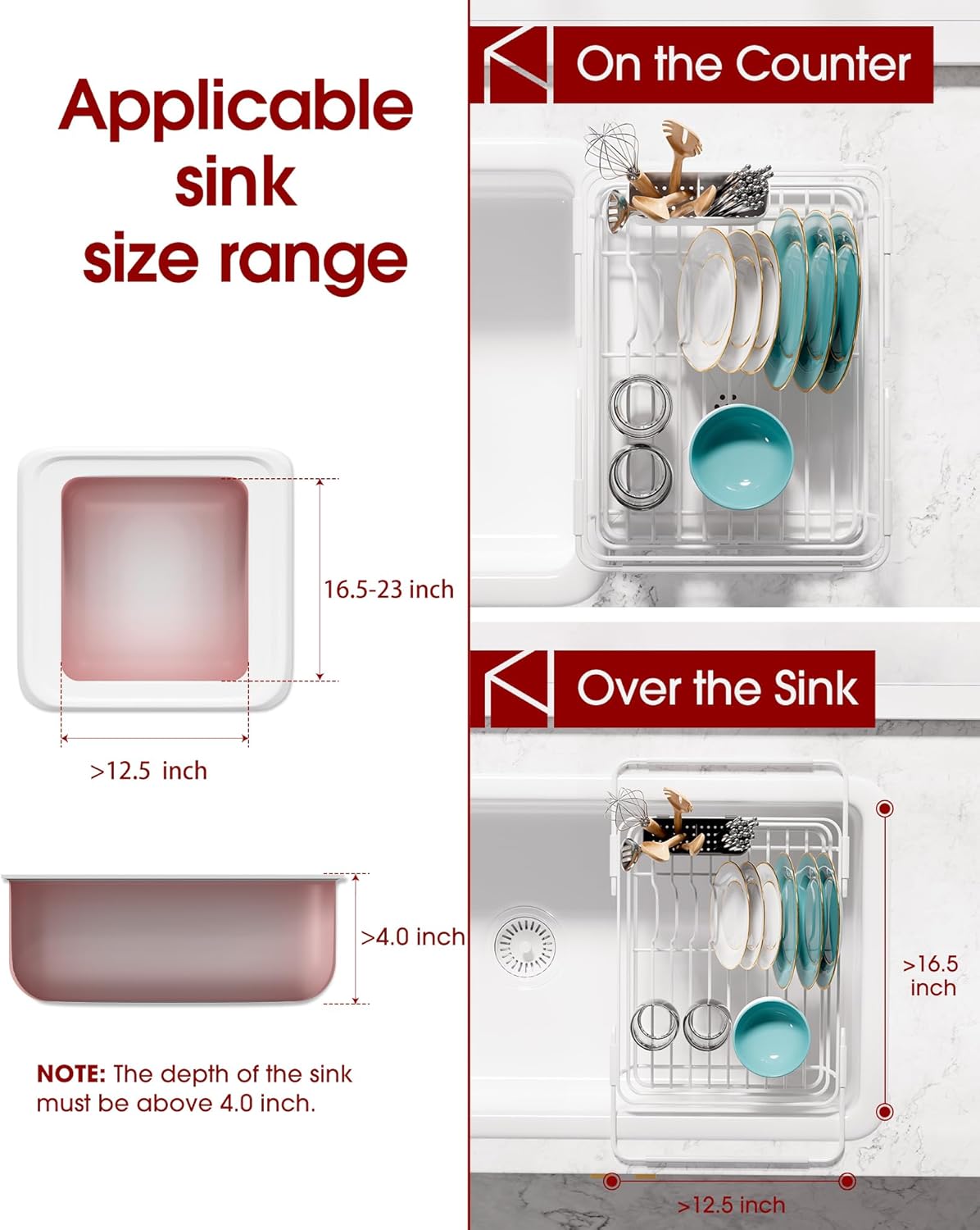 Over Sink Dish Drying Rack with Drain Board, Stainless Steel 2 in 1 Sink Organization and Storage, Dish Drainer for Kitchen Counter, Home and Apartment Essentials, 12" W x 16.1~23" L, White