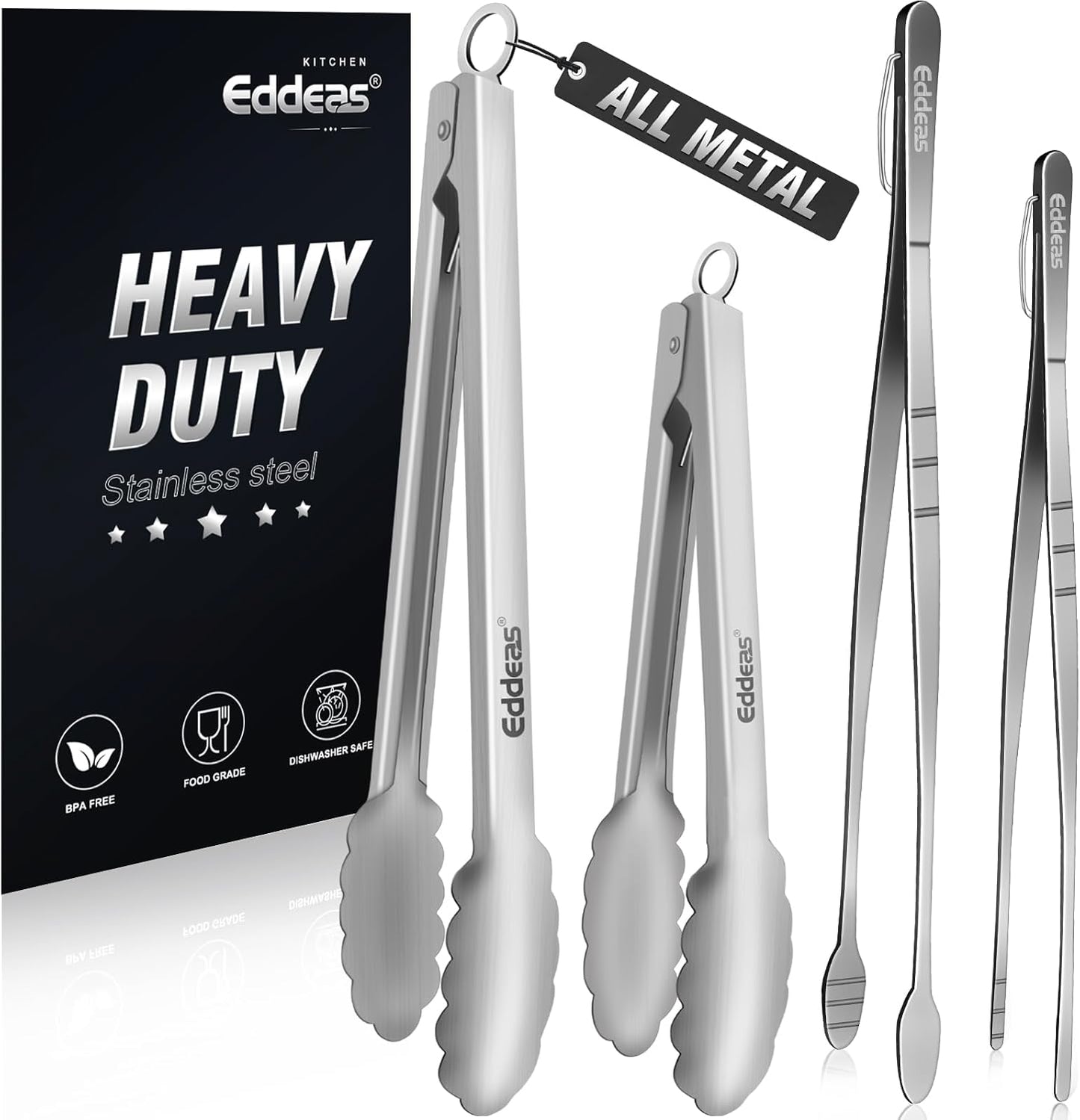 Tongs For Cooking - Heat Resistant 600 Degrees, All Metal Kitchen Tweezers Tongs, Heavy Duty Stainless Steel Cooking for Food, Grill, BBQ, Dishwasher safe Set of 4 (12" & 9in)