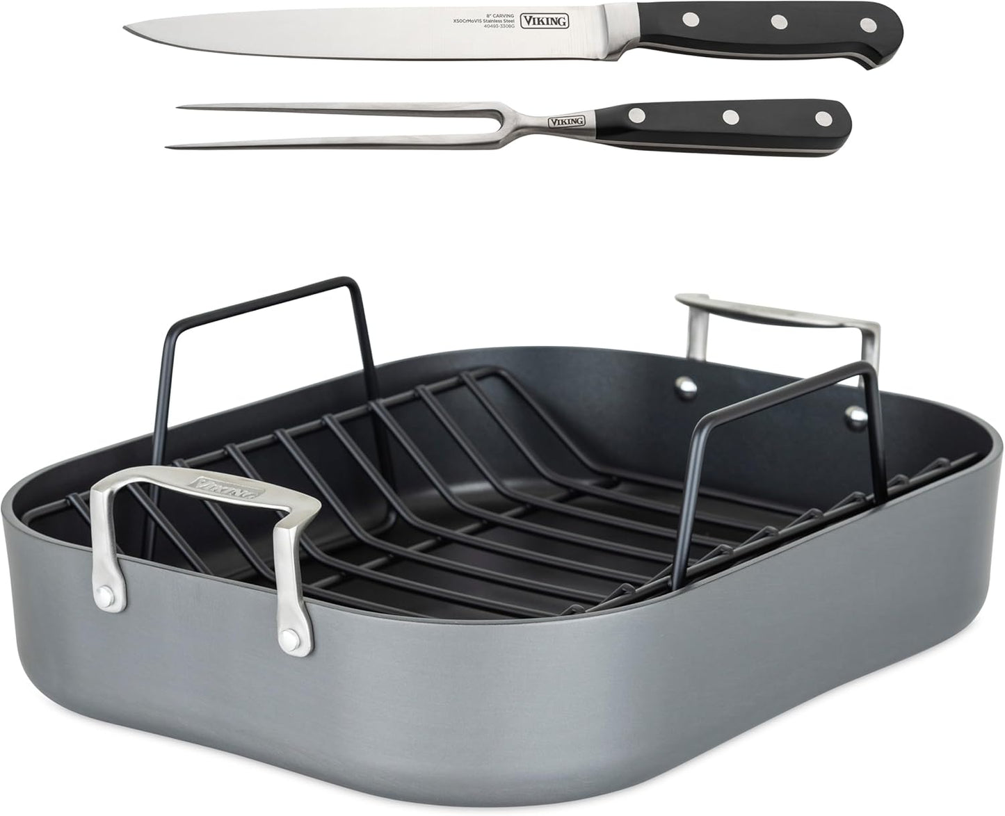 Viking Hard Anodized Aluminum Nonstick Roasting Pan with Non Stick Rack and Carving Set, 16 x 13 Inch Kitchen Cookware, Dishwasher and Oven Safe, Dark Grey