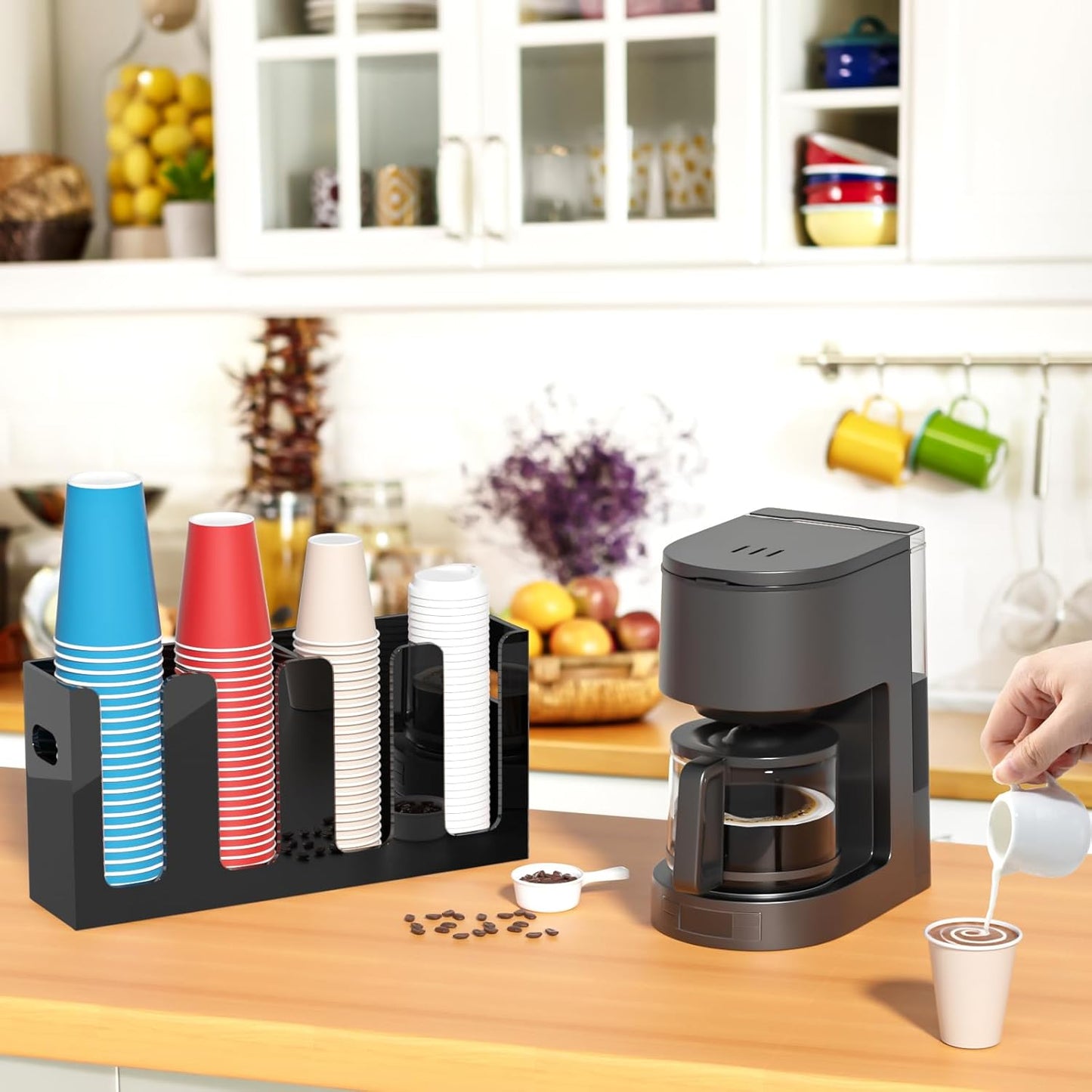 WINFFOR Disposable Cup Organizer Dispenser - 4 Compartments Black Acrylic Cup and Lid Holder with Handles Plastic Cup Dispenser Countertop Paper Cup Holder for Coffee Bar House Party Essentials
