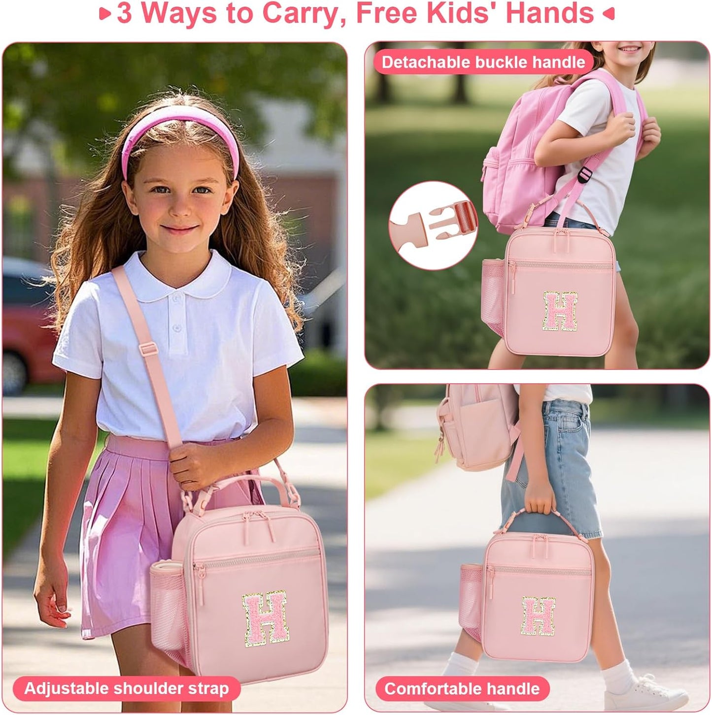 Initial Insulated Lunch Bag for Girls Kids, Back to School Gift, Reusable Leak-proof Lunch Box with Adjustable Strap for School Daycare Travel Picnic (Pink,H)