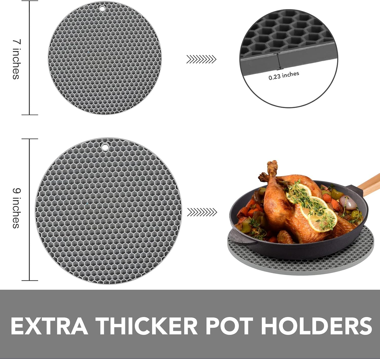 Joyhalo Trivets for Hot Dishes - Hot Pads for Kitchen, Silicone Pot Holders for Hot Pots and Pans, Silicone Mats for Kitchen Countertops, Table, Flexible Easy to Wash and Dry, Grey