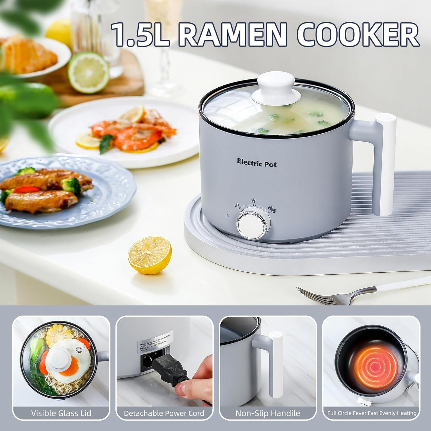 Electric Hot Pot:1.5 L Ramen Cooker, Dual Power Mini Portable Multi-Functional Lazy Pot for Pasta, Noodles, Egg, Soup, Non-Stick Noodle Cooker with Boil Dry Protection for Dorm, Office (Grey)
