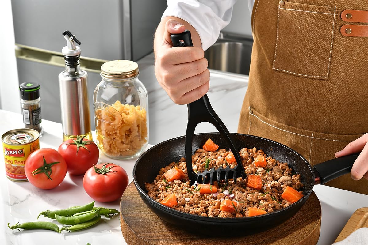 Plastic Potato Masher - Non-Scratch, Dishwasher Safe Silicone Tool for Mashed Potatoes, Avocado - Meat Chopper, Heat Resistant Masher for Hamburger, Ground Beef Smasher Tool