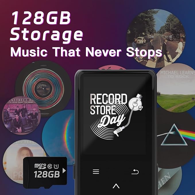 128GB MP3 Player with Bluetooth, Portable Music Player with Built-in Speaker, Enjoying Your Digital Music and Audiobooks Anytime,Includes FM Radio,Recorder,E-Book,and Comes with Earphones