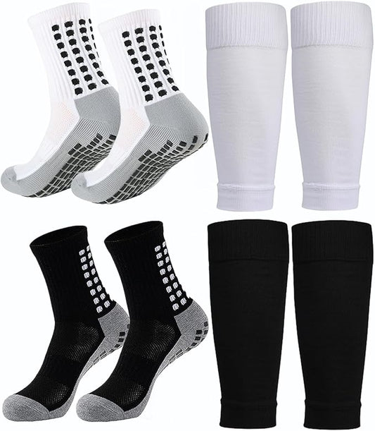 KMOLY 1 Set Soccer Grip Socks,Shin Guard Sleeves for Football Basketball for Men and Women Black/White One Size
