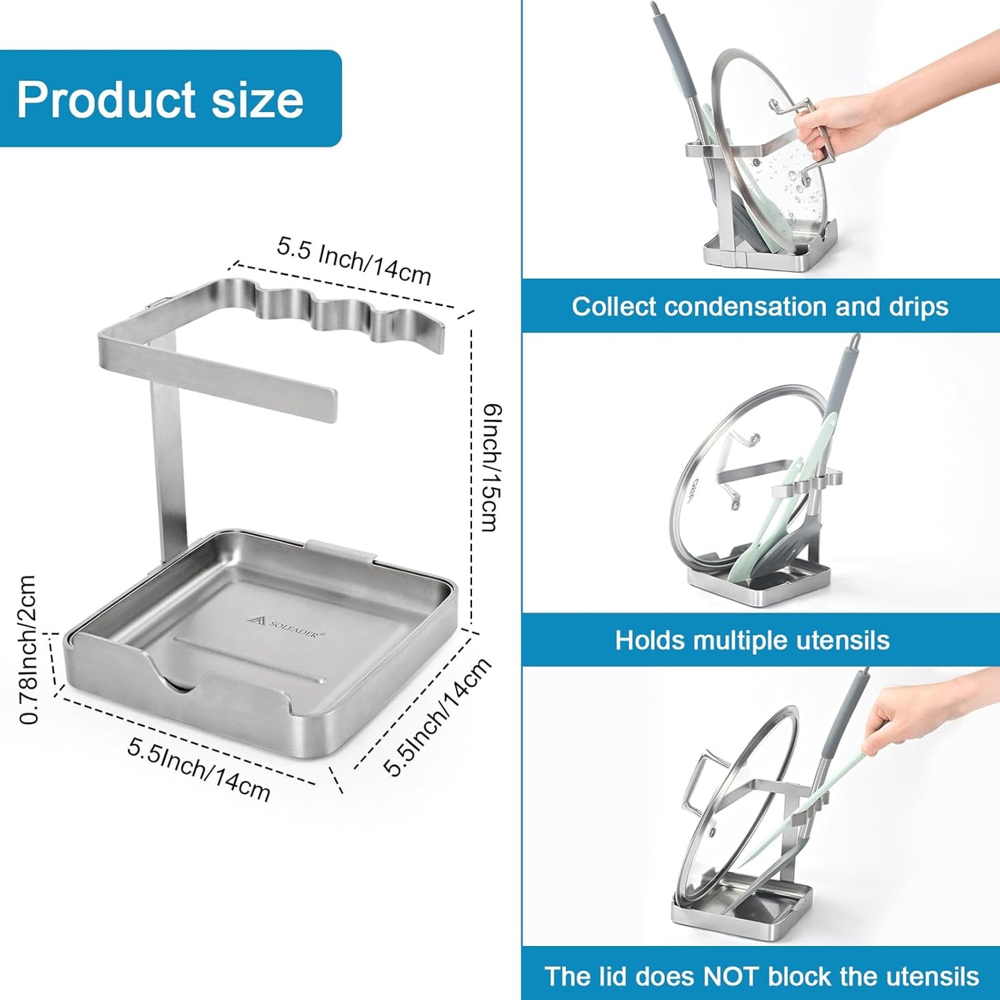 SOLEADER Vertical Spoon Rest and Lid Stand for Stove Top kitchen Utensils Pot Lid Holder and Organizer for Kitchen Counter Foodgrade Stainless Steel with Drip Tray and Handle