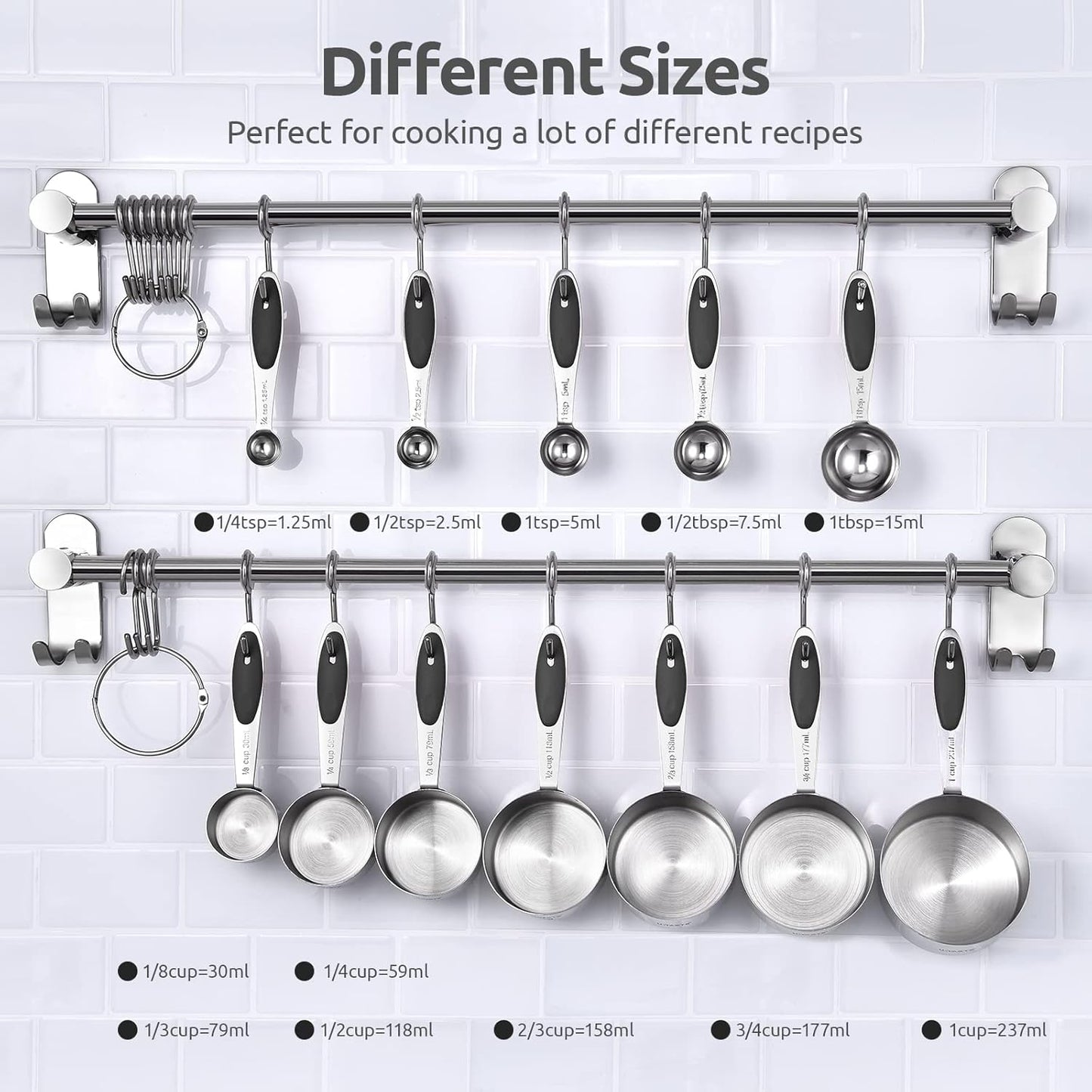 Measuring Cups and Spoons Set: U-Taste 18/8 Stainless Steel 12 Pieces Metal Stacking Kitchen Baking Cooking Food Measure Set 7 Cups 5 Spoons with Strengthened Weld Joints (Black, Upgraded Version)