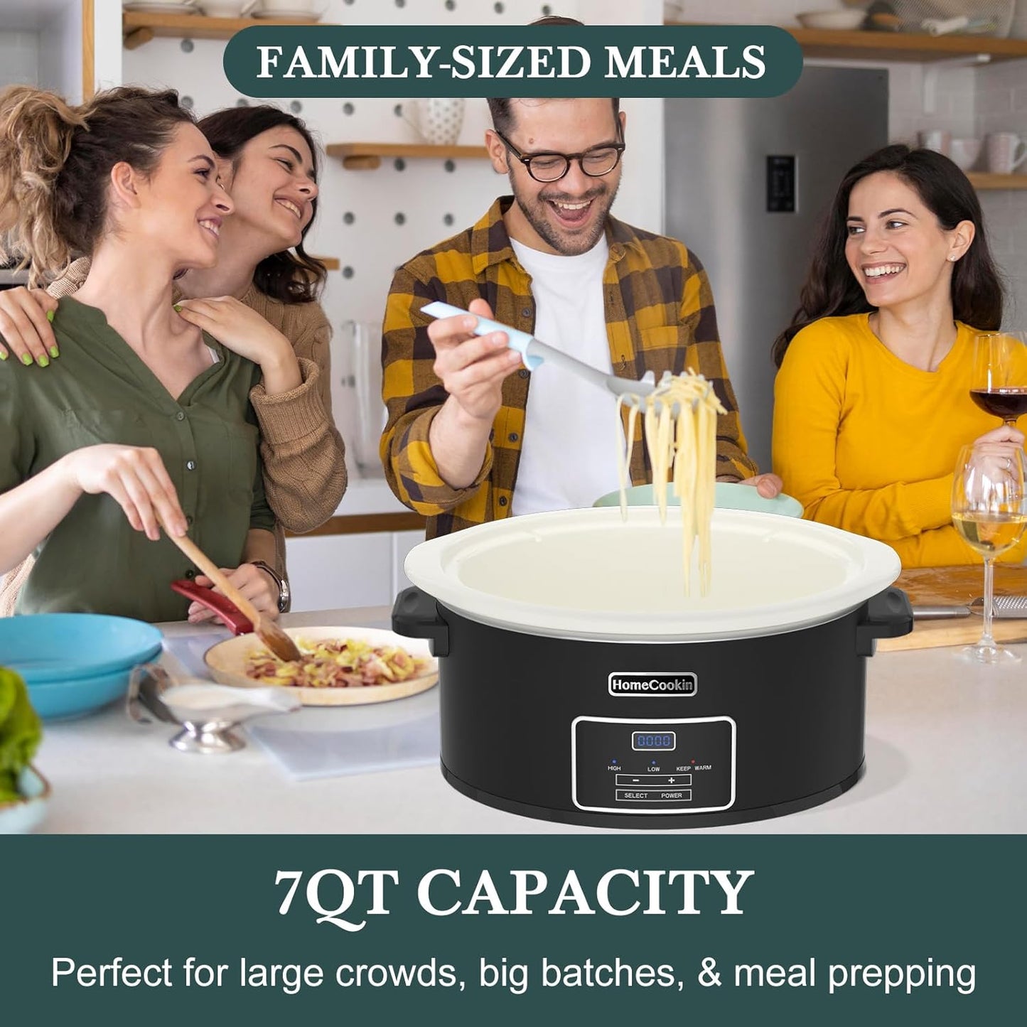 HOMECOOKIN 7-Quart Programmable Slow Cooker with Timer Keep Warm - Small Kitchen Appliance for Family Dinners - Serves 6+ People (Black)